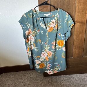 Fun 2 Fun Teal Blouse with Orange Floral Design